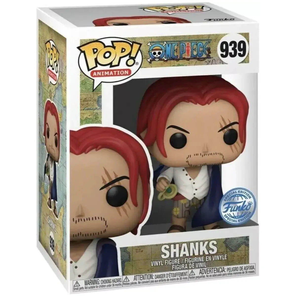 Funko Pop One Piece Shanks 939 vinyl figure in packaging, ideal collectible for fans, high-quality durable vinyl, perfect for display.